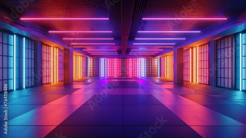 A modern martial arts dojo with neon warrior motifs and spacious training mats