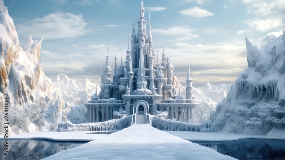 Frozen fantasy castle in ice age .3 Iced cathedral landscape concept art - obrazy, fototapety, plakaty 
