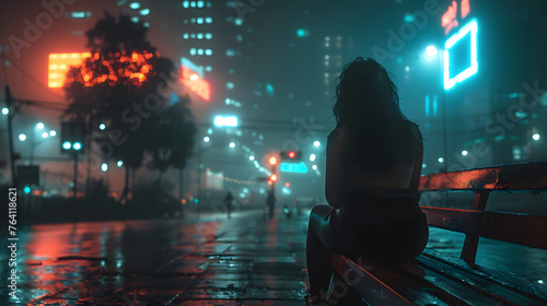 A solitary woman sits on a bench on a foggy night, street lights cast a warm glow on a wet road