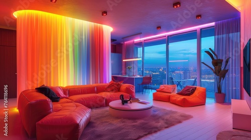 A vibrant studio apartment with neon multicolor themes and modular furniture © Gefo