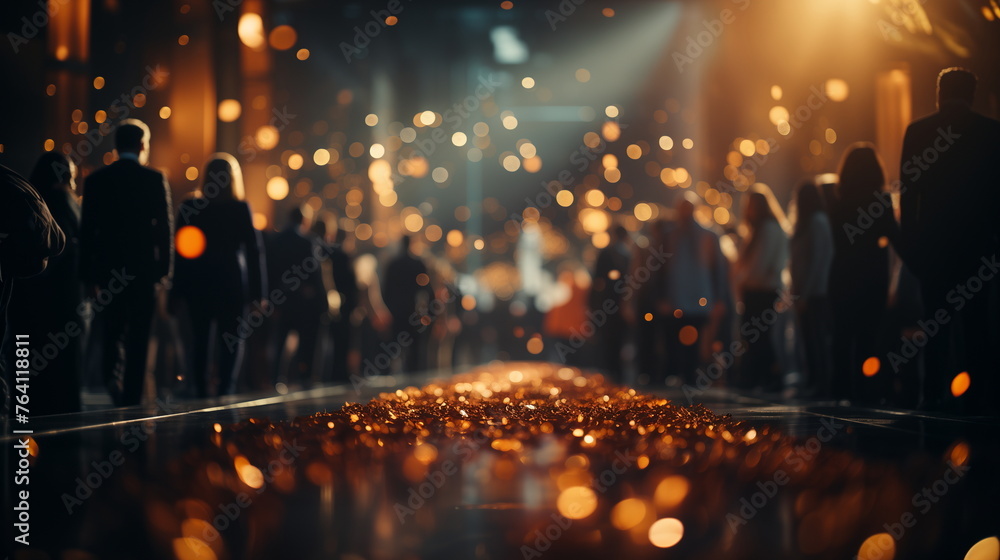 Golden bokeh lights and silhouettes of people at event venue with reflective floor. Elegant gala night concept. - obrazy, fototapety, plakaty 