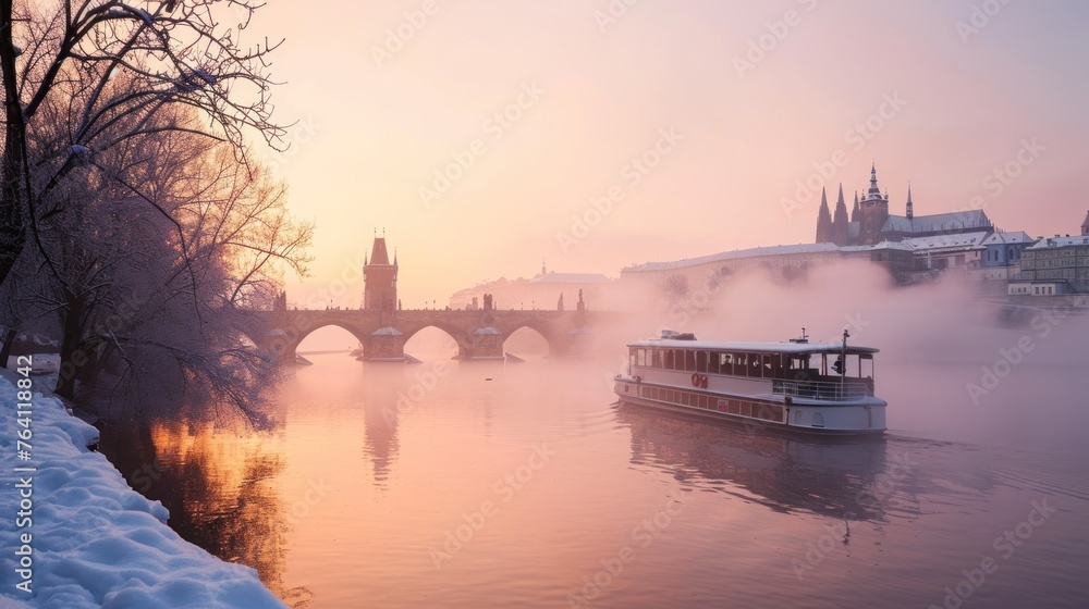 Charles bridghe with beautiful historical buildings at sunrise in winter in Prague city in Czech Republic in Europe.