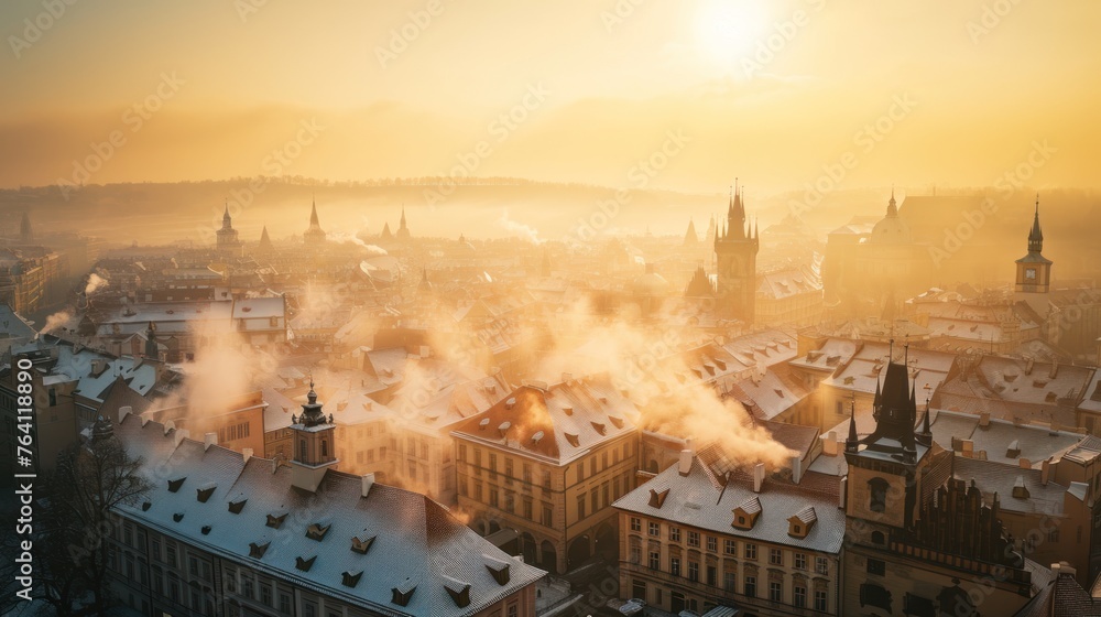 Fototapeta premium Beautiful historical buildings in winter with snow and fog in Prague city in Czech Republic in Europe.