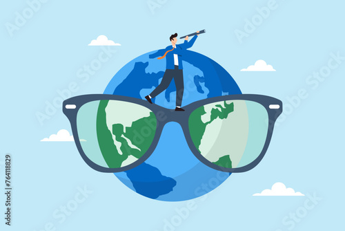 Businessman holds telescope while standing on world map eyeglasses, illustrating global business vision. Concept of international business opportunities, exploring new markets, seeking career abroad