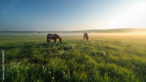 In the morning on the grassland grazing horses, with light dust, scenery © SHI