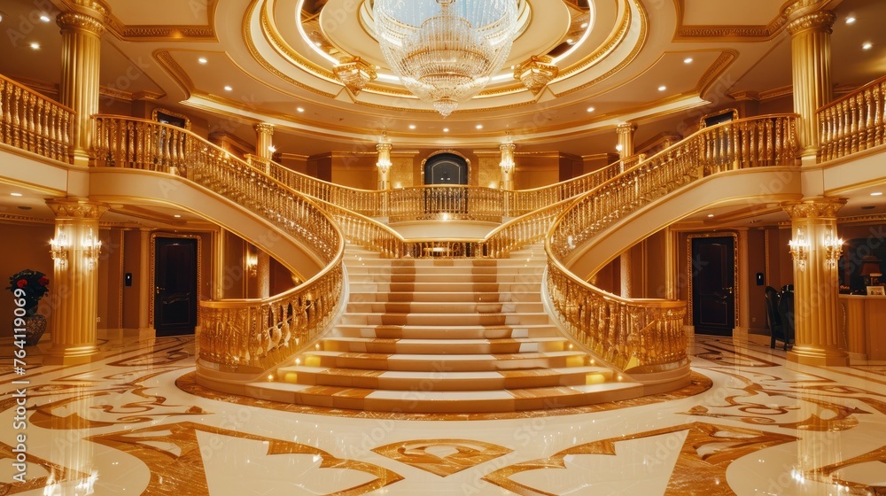 Obraz premium Grand gold staircase in a double-height entry hall