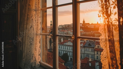 Window view of beautiful historical buildings of Prague city in Czech Republic in Europe.