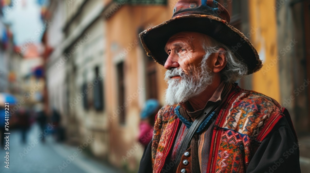 Portrait of a senior male in traditional Czech clothing in street with historic buildings in the city of Prague, Czech Republic in Europe.