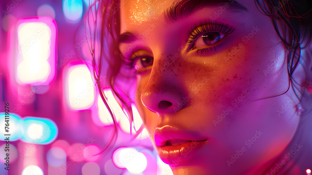 A detailed portrayal of a young woman's face illuminated by vibrant neon lights, showcasing a futuristic aesthetic