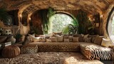 Safari themed den with animal prints and natural textures