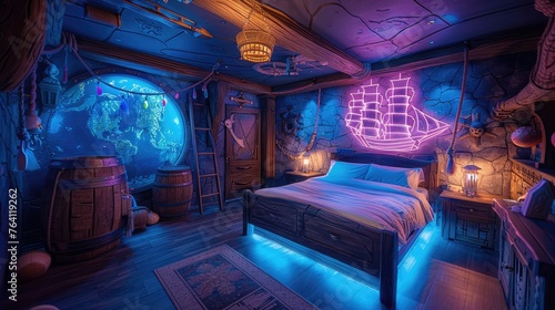 Pirate-themed kidâ€™s room with neon treasure maps and ship decor