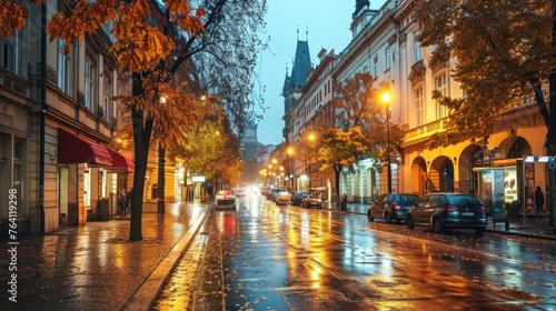 Autumn foliage with street and beautiful historical buildings of Prague city in Czech Republic in Europe.
