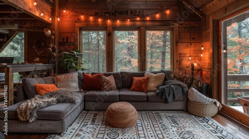 A cozy autumn retreat with neon burnt orange lighting and rustic decor