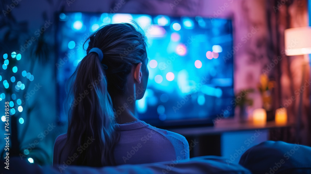 A woman is sitting on a couch in front of a television A woman is sitting on a couch in front of a television