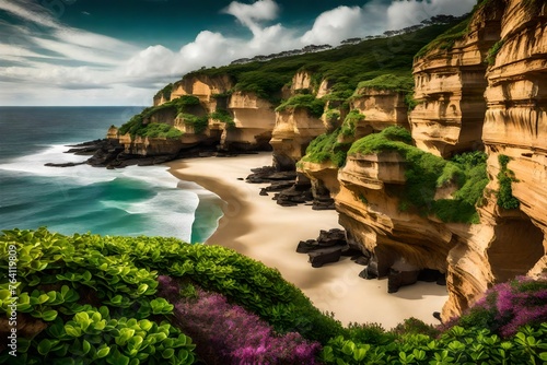 Coastal cliffs adorned with lush greenery cascading down to meet the powdery sands and gentle waves below.