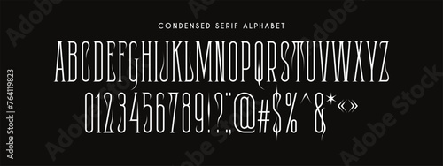 Vector Alphabet Set. Latin Elegant Condensed Serif Letters and Number. Typography Modern Narrow Font.