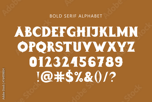 Vector Set Of Letters, Numbers and Punctuation. Decorative Bold Serif Letters With Spikes. Uppercase Alphabet.