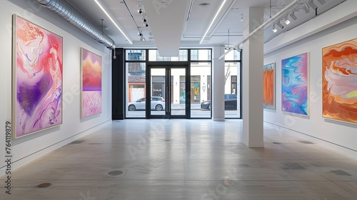 Bright and airy art gallery with subtle neon highlights