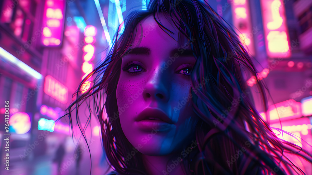 Stunning hyper-realistic digital portrait of a girl with wet hair and piercing blue eyes, set against a vibrant, neon-lit futuristic urban background Stunning hyper-realistic digital portrait of a girl with wet hair and piercing blue eyes, set against a vibrant, neon-lit futuristic urban background