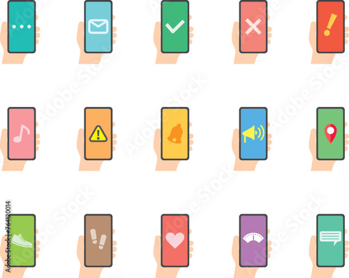 スマートフォン　プッシュ通知イメージイラスト　バリエーションセット
