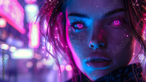 A digital artwork of a woman's face, highlighting detailed features and sparkling eyes amidst a backdrop of colorful neon lights and raindrops © Janina
