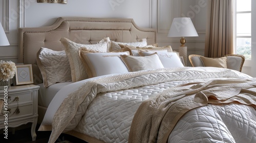 Luxurious gold and ivory bedding in a serene bedroom