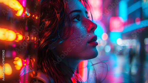 Artistic rendition of a futuristic cityscape focusing on the dynamic neon lights and urban glow