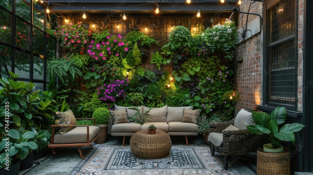 Urban oasis balcony with vertical gardens, string lights, and cozy seating