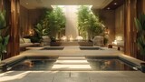 Soothing and natural spa reception with bamboo accents and tranquil water features