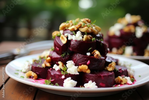 Roasted beet salad with goat cheese, walnuts, and balsamic vinaigrette refreshing summer dish