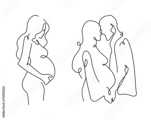 One line art, outline couple kissing, pregnant woman, family in waiting. father and mother holding each other hand.
