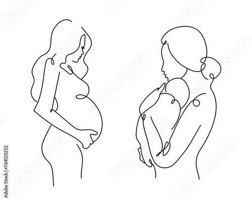 mother and child. mother holding baby lineart, pregnant woman with wavy hair silhouette