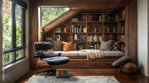 Warm and inviting reading nook with a built-in bookshelf and comfortable chair
