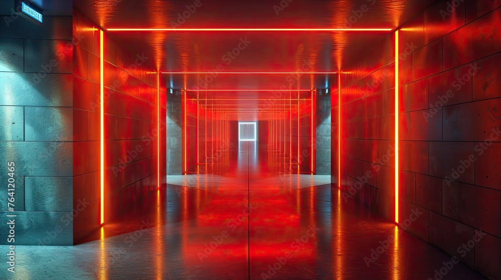 A modern hallway with neon silver track lighting and clean lines