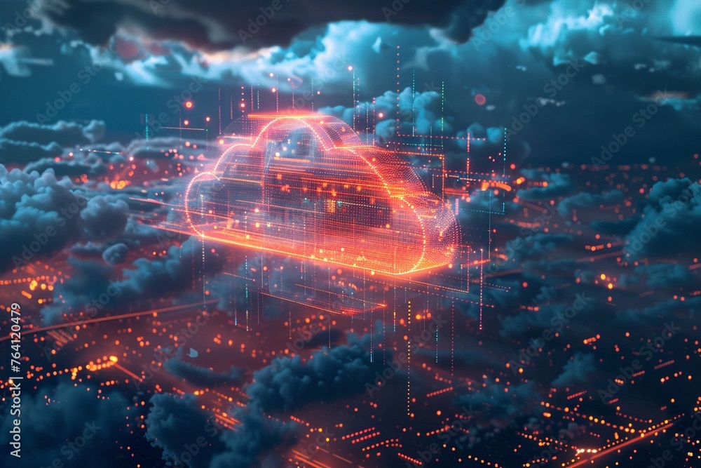 Cloud computing revolution, glowing cloud icon, data waves, night view, epicenter of technology Cloud computing revolution, glowing cloud icon, data waves, night view, epicenter of technology