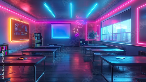 A modern classroom with neon educational motifs and interactive tech