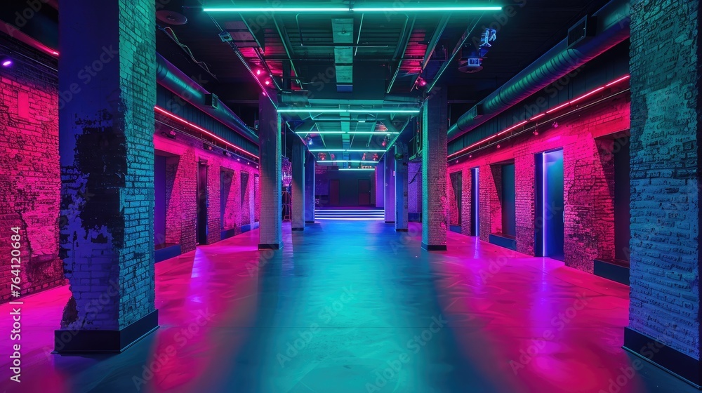 An underground nightclub with vibrant neon green and pink lights An underground nightclub with vibrant neon green and pink lights