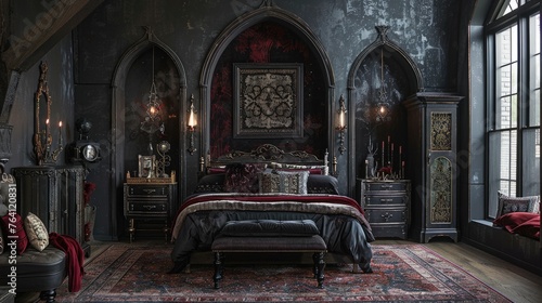 Gothic inspired bedroom with dark colors and medieval decor