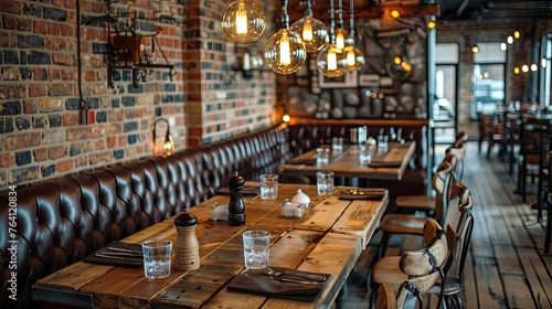Industrial dining area with raw metal finishes and Edison bulb lighting photo