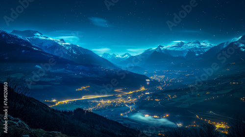A beautiful mountain landscape with a city in the distance