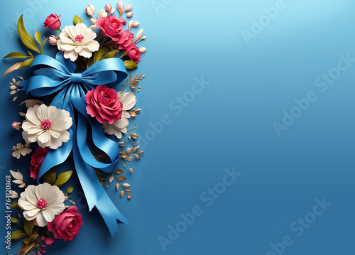 romantic bouquet of colorful  flowers in 3D effect with blue ribbon over blue background with copy space