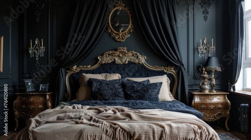 Modern Gothic bedroom with black walls and luxurious fabrics
