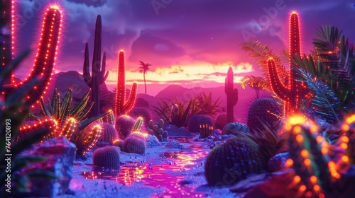 Neon desert oasis with cacti lights and earthy tones photo