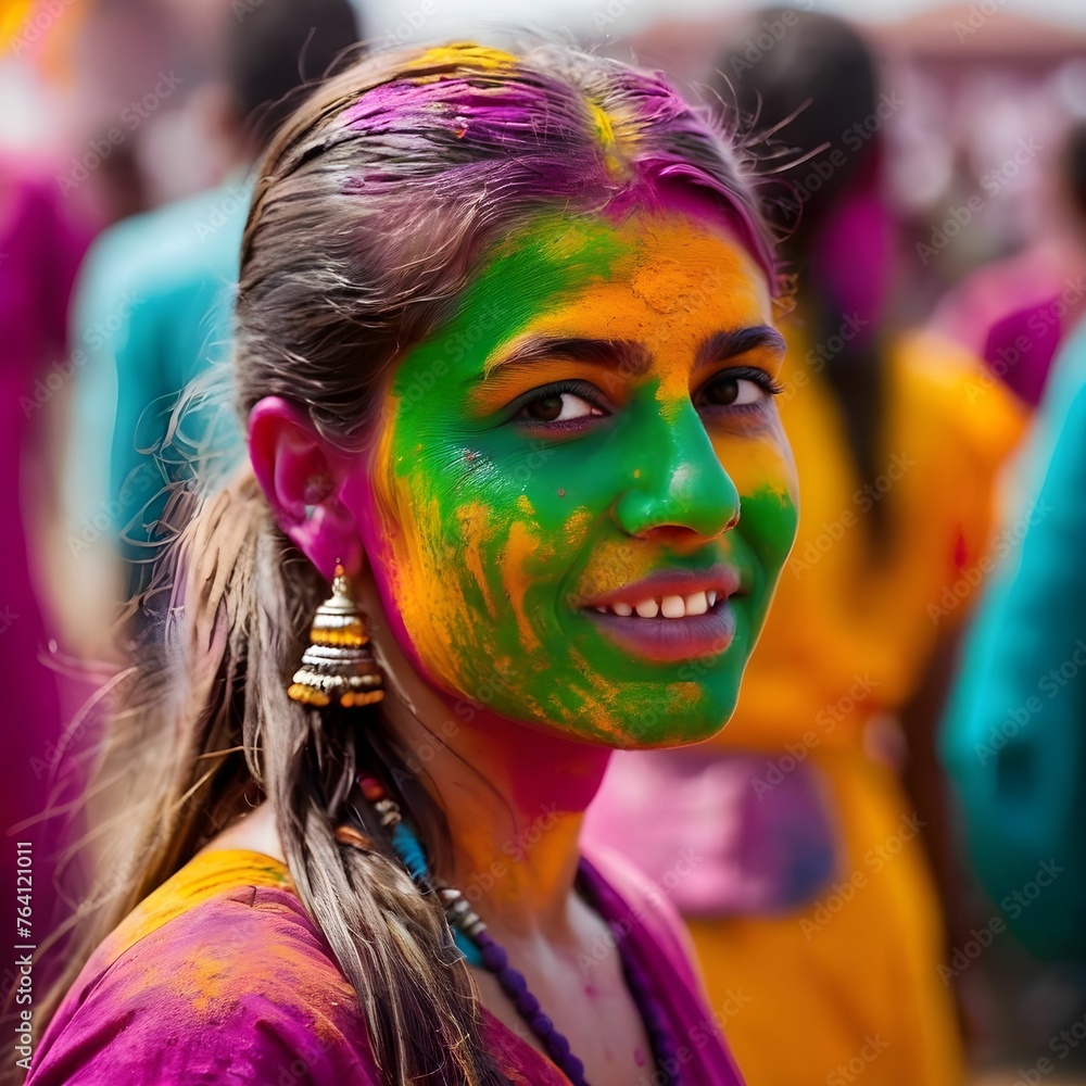 Portrait of a smiling young woman with multi-colour holi powder on her face in sunlight by ai generated Portrait of a smiling young woman with multi-colour holi powder on her face in sunlight by ai generated