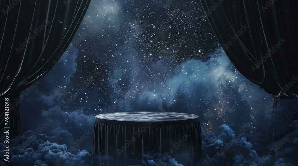 Enchanting Stage with Cosmic Backdrop and Celestial Curtain Drapes
 - obrazy, fototapety, plakaty 
