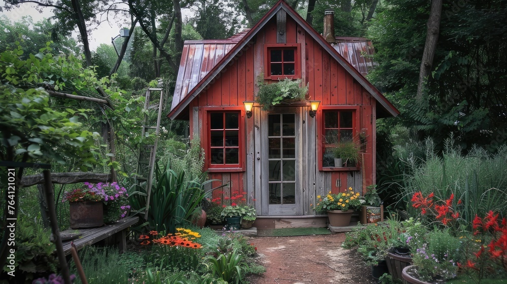 A charming garden shed turned into a painter's studio, surrounded by nature