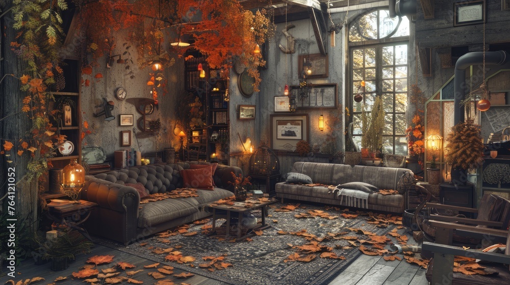 A cozy autumn retreat with neon burnt orange lighting and rustic decor