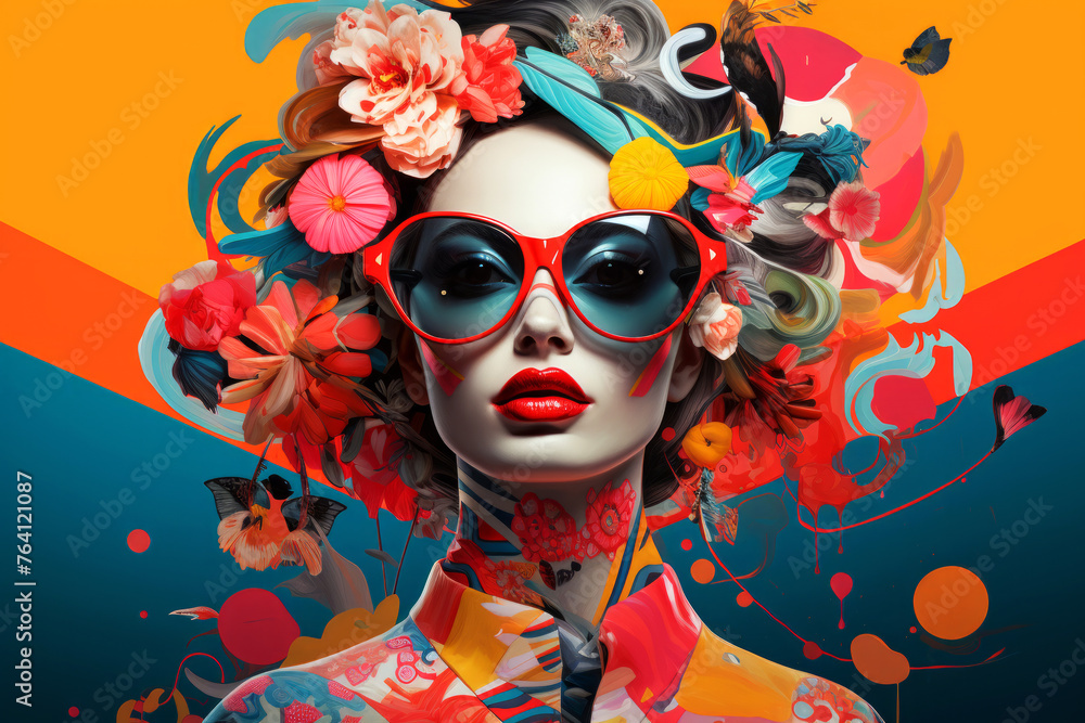 Portrait in pop art style of young pretty woman in red sunglasses on multicolored background with colorful paint spots and flowers in her hair. Contemporary modern trendy drawing in bold hues
