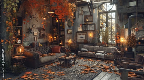 A cozy autumn retreat with neon burnt orange lighting and rustic decor