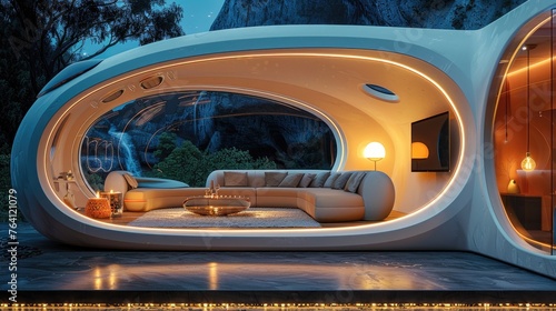 A futuristic pod home with an integrated virtual reality entertainment system © Gefo